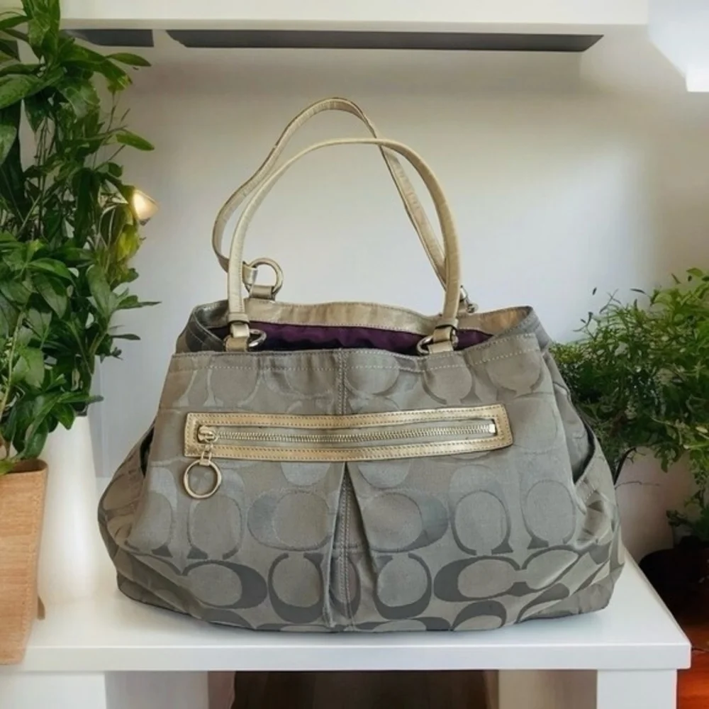 COACH Gabby Signature Tote Grey Silver Canvas Leather Shoulder Bag Good Plus
